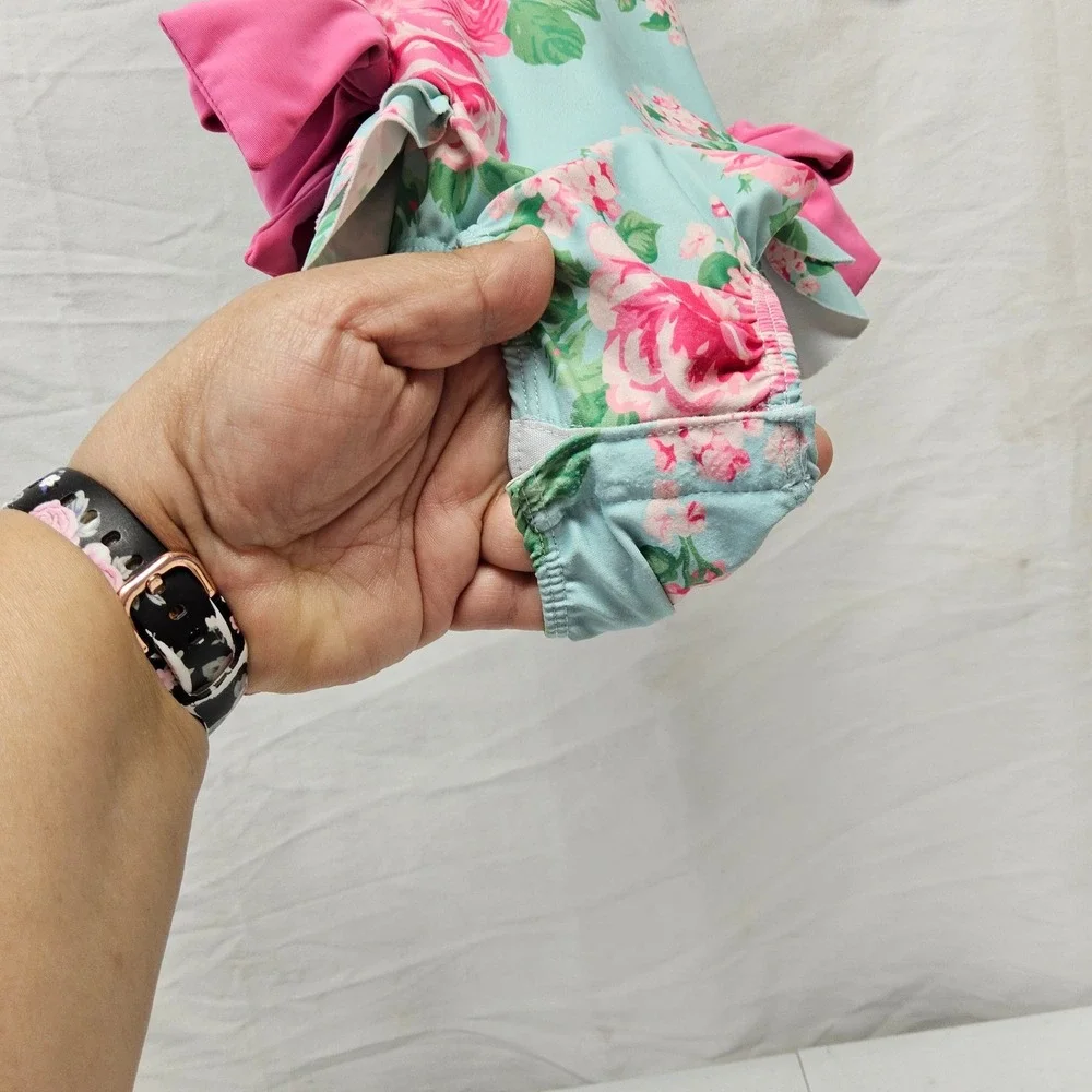 Mud‎ Pie Swimsuit Baby Girls 24M 2T Blue Floral Rose Pink Bow Ric Rac One Piece